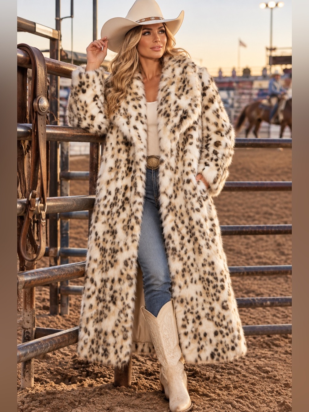 NWOT Leopard Faux Fur Long Coat Oversized Collar Western Glam M and L
